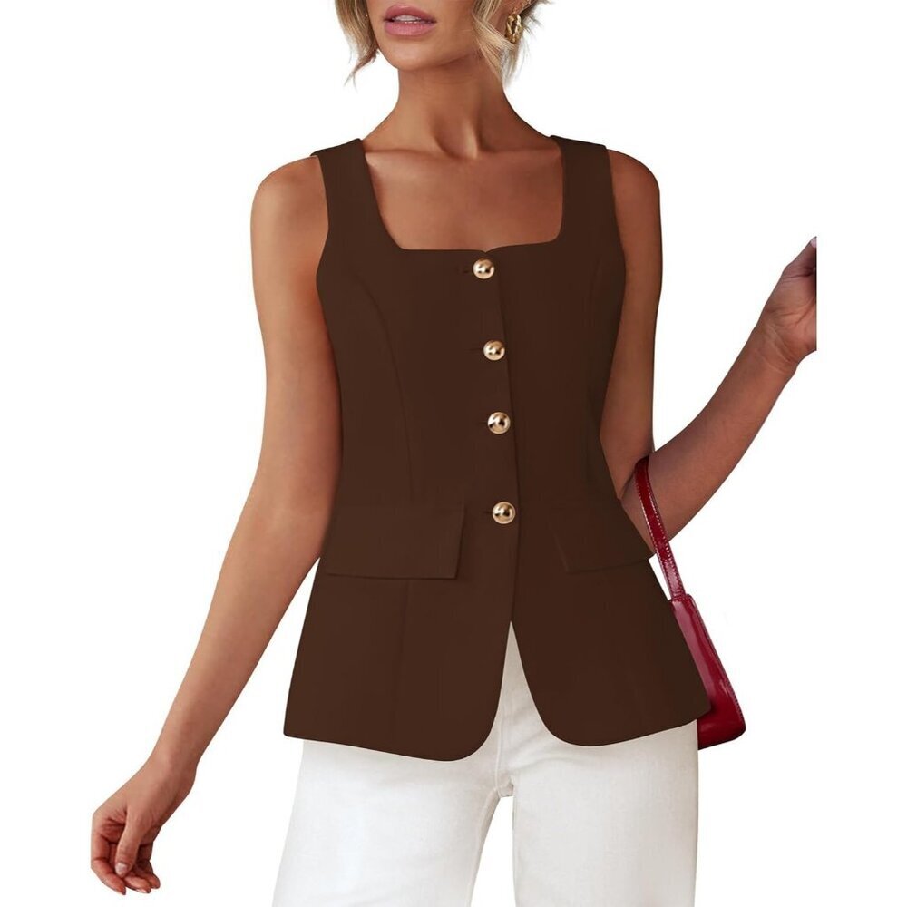 Women's Coffee Sleeveless Suit Vests Dressy Casual Square Neck Business Work